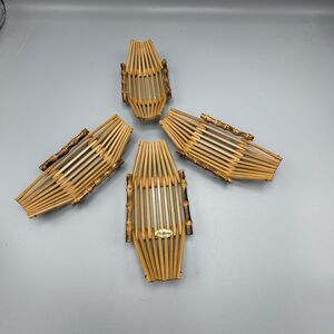Vtg Set of 4 Top Bamboo Dish Boat Shape Dining Serveware Sushi Towel Holder